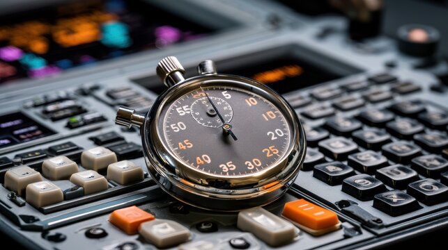 Polished metal stopwatch placed on aircraft cockpit controls