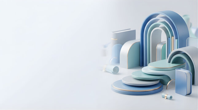 3d rendered blue podium display with geometric arches and platforms for product presentation marketing mockups layout