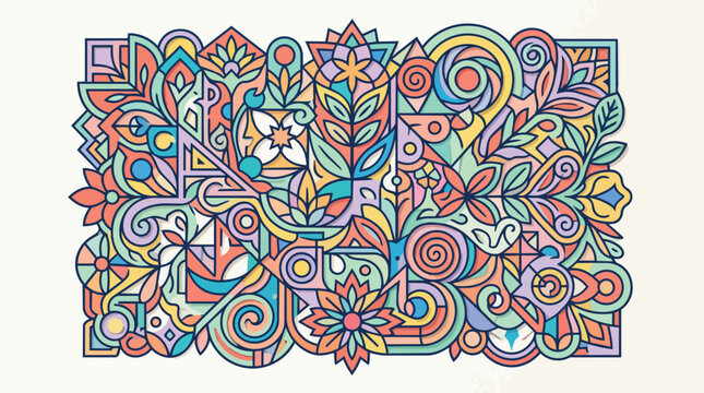 Vibrant Intricate Geometric Abstract Illustration Featuring Pastel Colors Floral Motifs and Decorative Artistic Shapes