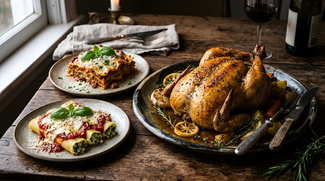 Festive italian feast roasted chicken lasagna and spinach cannelloni