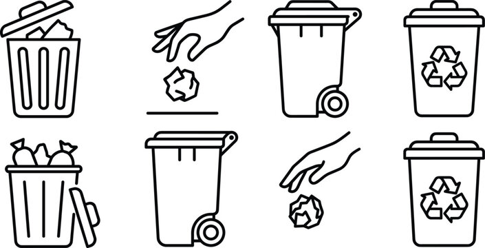 Waste management recycling bin line icon set with trash can dumpster hand throwing garbage vector illustration