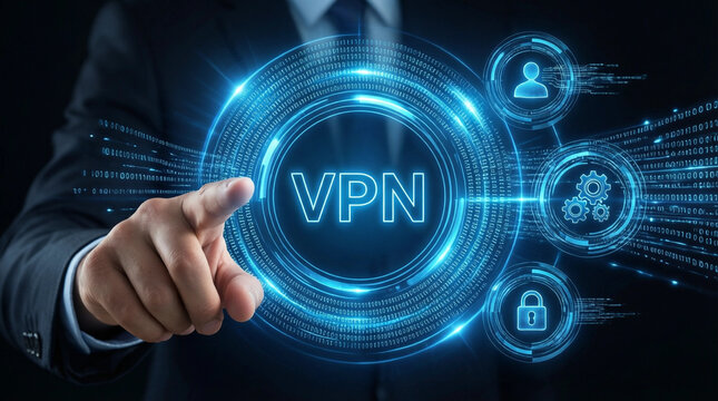 Businessman interacts with virtual VPN interface on holographic screen for cybersecurity and online privacy solutions