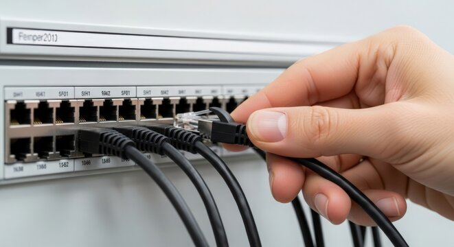 Connecting network cables to switch ports in server room for data management. Network cables are being plugged into switch ports to enhance connectivity.