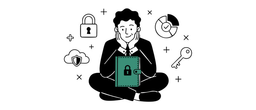 Cyber security businessman protecting digital information sitting with locked green folder and cloud database icons, smiling confidently for secure business solution concept, vector illustration.
