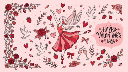 Valentines Day illustration with ballerina doves roses and hearts in a hand drawn style © Jamalvect