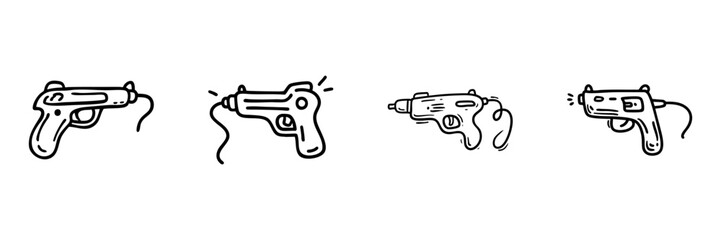 Fototapeta premium Toy Gun Icons In Hand Drawn Style Set. Playful And Fun Doodle Sketch Collection. Children'S Entertainment And Toy Design. Isolated Vector Illustration