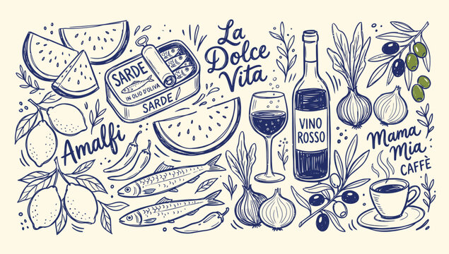 Italian food illustration with watermelon sardines wine and olives in a hand drawn style