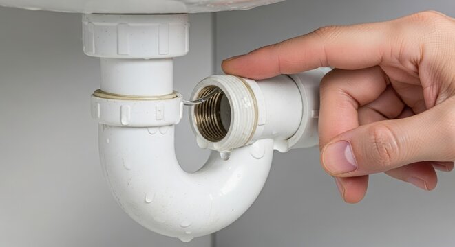 Plumbing repair with hand adjusting plumbing connection under sink. Leaking pipe repair involves careful adjustment of fittings to prevent water damage. Essential plumbing maintenance for homeowners.