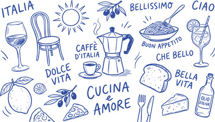 Italian doodles and lettering with food drink and travel elements in blue line art © Jamalvect