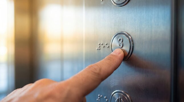 A hand is pressing the button for the third floor inside an elevator. The building is visible through the elevator doors, and it is bright outside