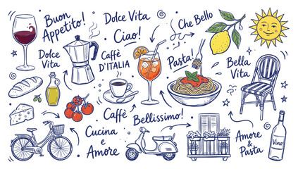 Italian food and culture doodles with handwritten lettering on a white background © Jamalvect