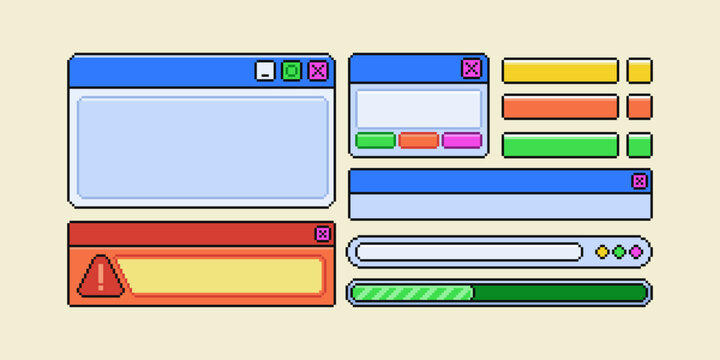 Retro y2k pixel interface with vintage computer windows and icons. Vector frames with classic ui elements, buttons and error boxes create nostalgic desktop aesthetic for modern retro design projects.