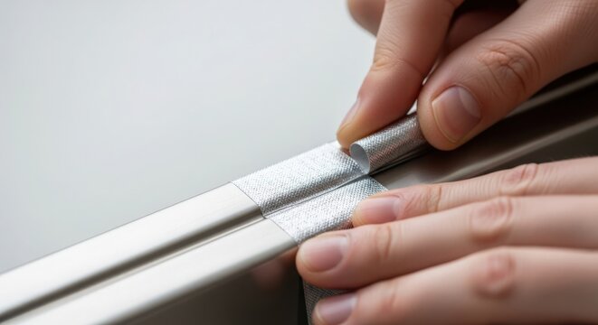 Applying adhesive tape to metal surface for secure attachment. The hands carefully position the tape on the metal edge ensuring even adhesion while demonstrating practical repair skills.