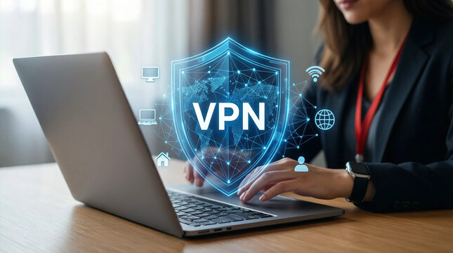 Businesswoman using laptop with VPN security shield graphic overlay for online privacy and data protection