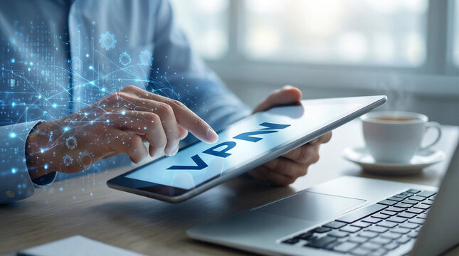 Businessman using VPN on tablet for secure online connection in modern office workspace