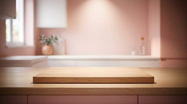 Empty wooden board on kitchen counter for food product display, blurred pink modern interior background for mockup