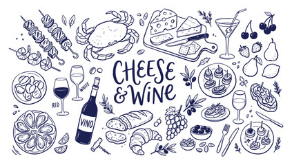 Seafood cheese and wine doodle illustration with various delicacies and a white background © Jamalvect