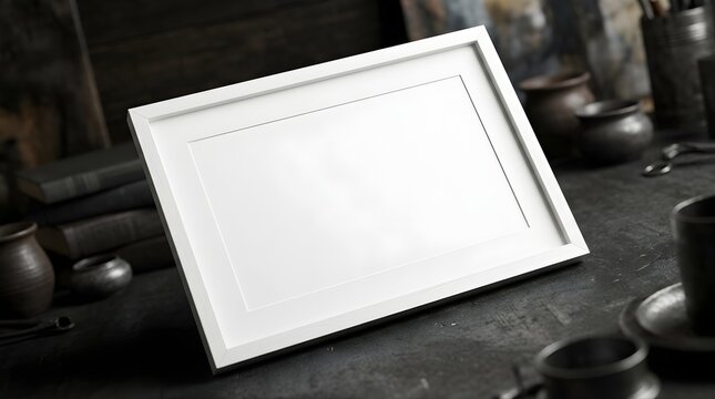 Empty white picture frame mockup resting on dark rustic workshop desk featuring moody lighting for professional display