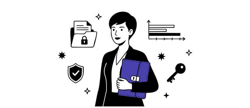 Data security businesswoman holding locked folder representing information privacy protection, cyber security compliance, confidential document management, and risk analysis in corporate business.