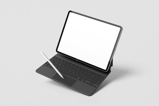Tablet mockup on minimal background. Modern tablet display mockup scene. Tablet with empty screen. Photo mockup with clipping path