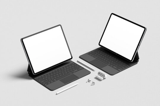 Tablet mockup on minimal background. Modern tablet display mockup scene. Tablet with empty screen. Photo mockup with clipping path