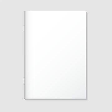 Blank white notebook mockup with staple saddle stitch binding. Vertical thin paper booklet or exercise book isolated for branding and stationery. Realistic vector illustration.