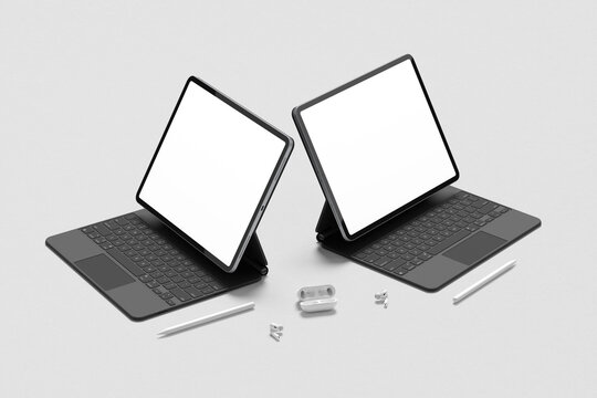 Tablet mockup on minimal background. Modern tablet display mockup scene. Tablet with empty screen. Photo mockup with clipping path