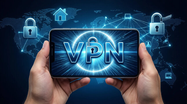 Hands holding smartphone displaying VPN icon with global network and security locks for privacy protection
