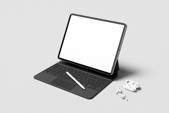 Tablet mockup on minimal background. Modern tablet display mockup scene. Tablet with empty screen. Photo mockup with clipping path