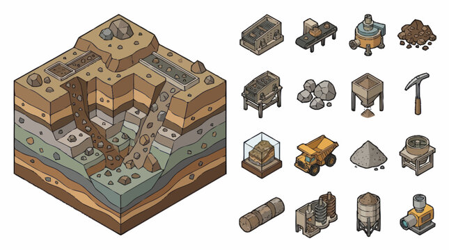 Isometric Construction Site with Heavy Machinery and Buildings.