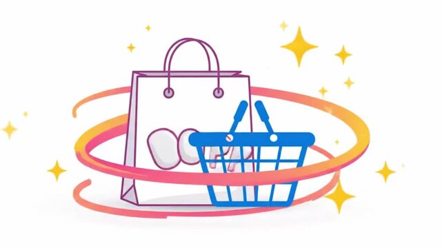 Shopping bag and basket line art illustration