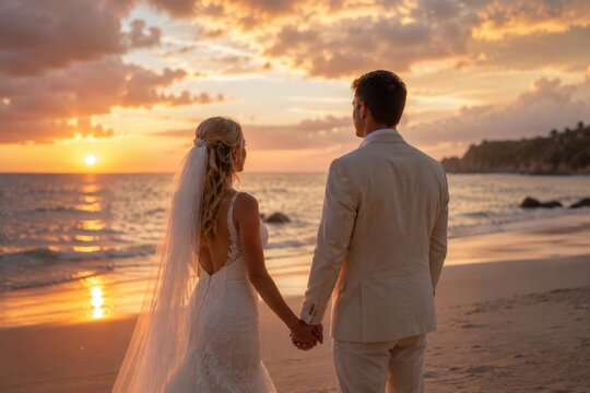 Back view of newlyweds holding hands on a sandy beach at sunset. Romantic destination wedding on the ocean coast, tropical honeymoon.