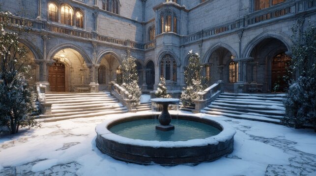 A snowy courtyard with a fountain that has frozen solid,