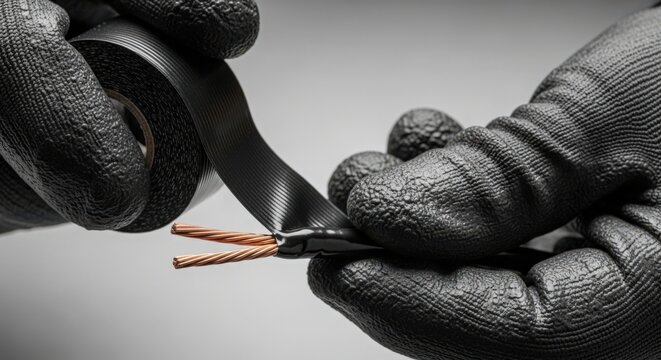 Hands applying electrical tape to exposed wires for repair purposes. Electrical tape used for insulation on wires while wearing black protective gloves.