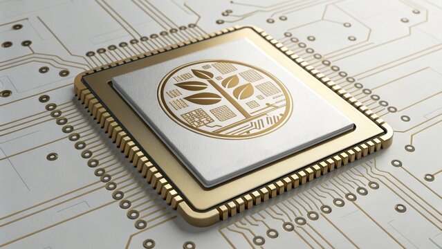 Microchip with growth icon symbol on circuit board showing micro data concept for technology and innovation
