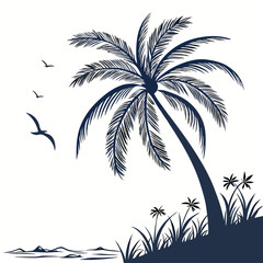 Fototapeta premium Black silhouette of tropical palm tree against white background