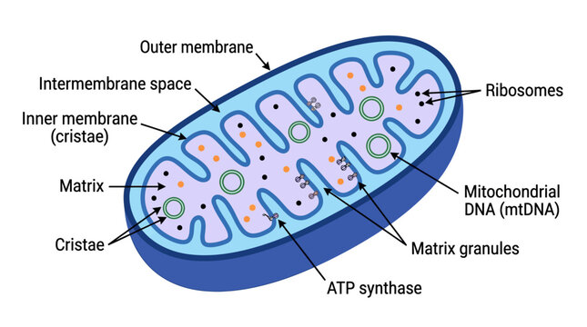 Detailed diagram of a mitochondrion with labeled components including outer membrane, inner membrane, cristae, and matrix on a white background.