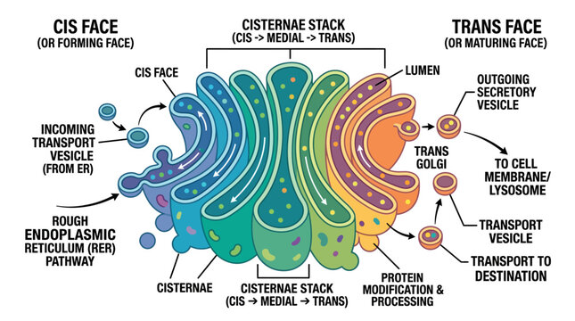 Detailed illustration of a Golgi apparatus with labeled components, showcasing cisternae stack, cis and trans faces, and transport vesicles in a biological context.