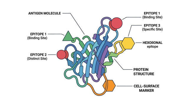 Detailed illustration of a protein structure with labeled epitopes, antigen molecule, and cell-surface marker on a clean white background.