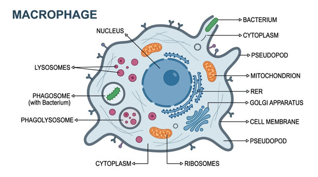 Detailed illustration of a macrophage cell with labeled components on a white background, showcasing its structure and organelles in a scientific and educational style with a neutral color