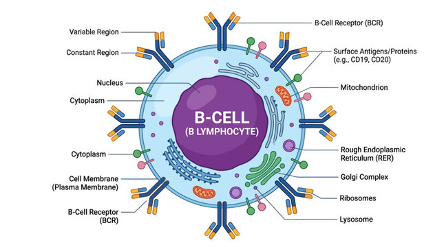 Detailed illustration of a B-cell or B lymphocyte with labeled components, showcasing its structure and various receptors on a clean white background with educational and informative mood.