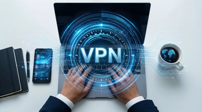 Hands using VPN on laptop with futuristic digital interface, cybersecurity and privacy concept