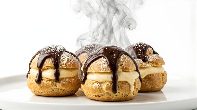 Fresh profiteroles with chocolate ganache sauce and vanilla cream filling dusted with powdered sugar and rising steam