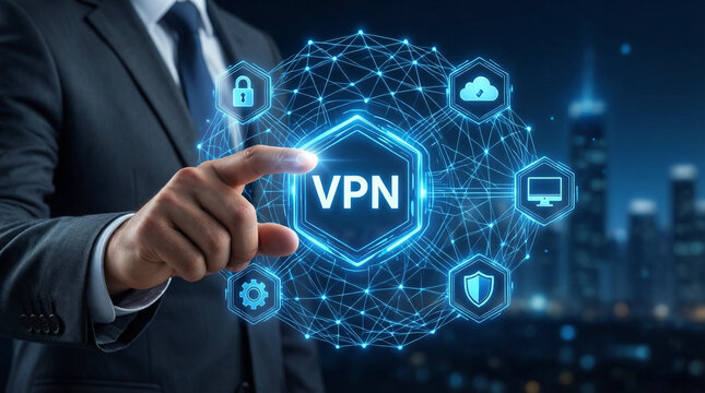 Businessman interacting with digital VPN interface in futuristic cityscape, cybersecurity and data protection concept