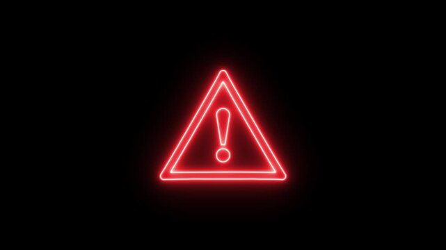 Red warning triangle sign. Animation of glowing neon warning attention icon. signal, alert, risk, safety, danger road warning sign isolated on black background
