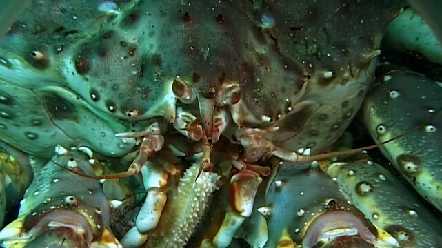 A majestic Red King Crab thrives in the chilling underwater Arctic. This close-up view reveals its intricate details and robust form amidst the ocean depths.