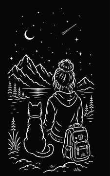Garota e Gato Admirando uma Paisagem Montanhosa Sob um C&eacute;u Estrelado &ndash; Ilustra&ccedil;&atilde;o Vetorial