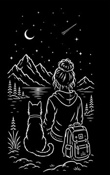 Garota e Gato Admirando uma Paisagem Montanhosa Sob um C&eacute;u Estrelado &ndash; Ilustra&ccedil;&atilde;o Vetorial