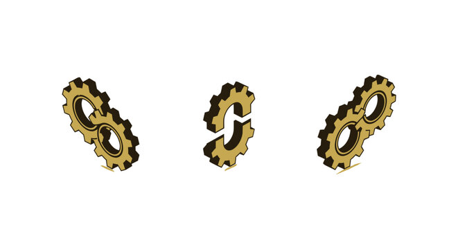 Three golden gear shapes on white background.