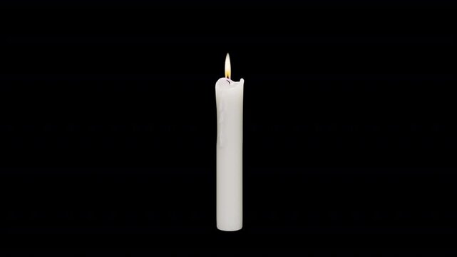 Set of 4 realistic looping burning wax candles with flickering flames and melting wax. Isolated on alpha channel for easy compositing in videos, films, memorial, holiday and VFX projects.